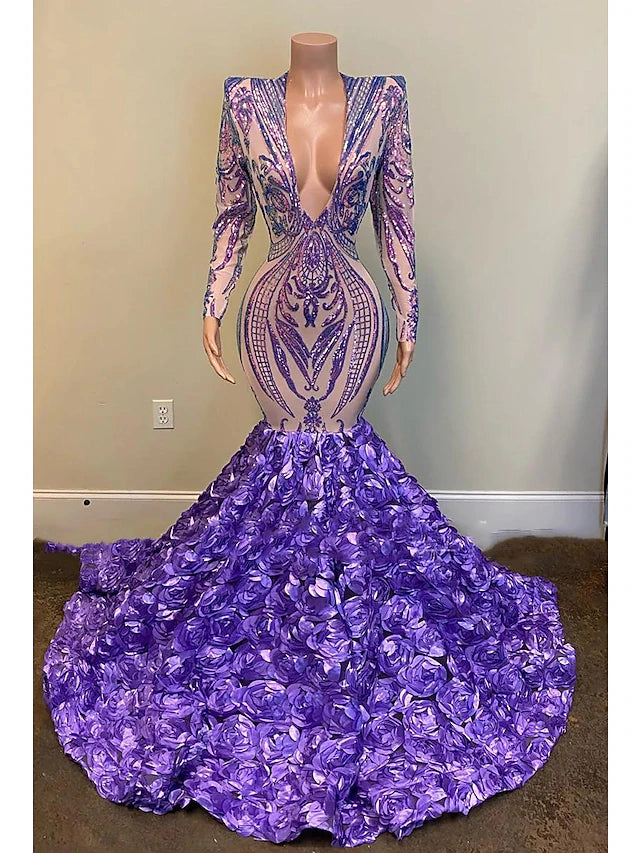 Meerjungfrau/Trompete Abendkleid Blumenkleid Formelle Hofschleppe Langarm V-Ausschnitt Afroamerikaner Pailletten mit Pailletten